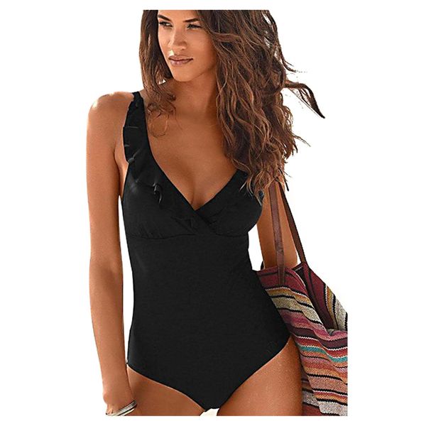 JFAN One-Piece Swimsuit Women V-Neck Ruffle Bathing Suit Tummy Control High Cut Bikini Set Black,Medium