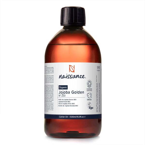 Naissance Organic Golden Jojoba Oil 500ml - Pure and Natural, Certified Organic, Unrefined, Vegan, Hexane Free, No GMO - Ideal for Aromatherapy and as a Massage Base Oil