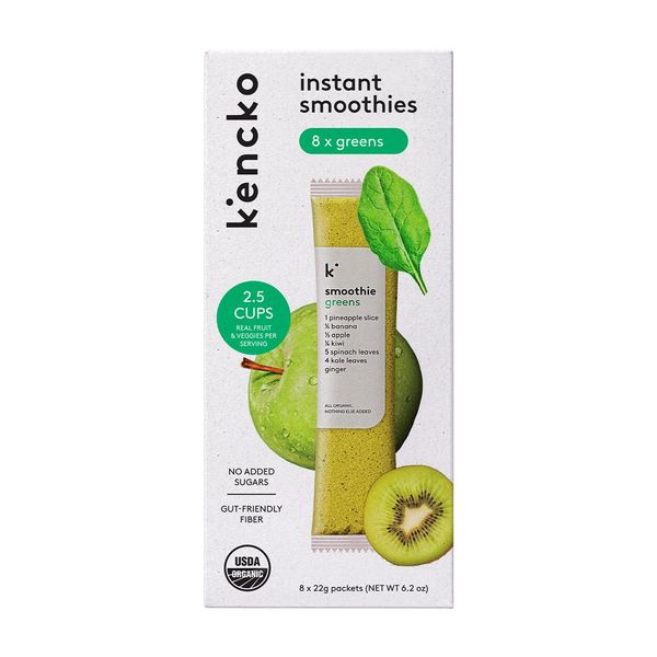 kencko Greens Smoothie Mix Packets - 8 Instant Breakfast Smoothies Made of Nature’s Original Superfoods - Pineapple, Apple, Kale, Spinach & More - Organic Fruit & Veggie Healthy Smoothies