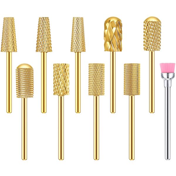 10 Pieces Nail Drill Bits Set, 3 Pieces Cone Tapered Barrel Carbide Nail Cuticle Drill Bit, 3 Pieces Flat Top Large Barrel Carbide Bit, 3 Pieces Round Top Large Barrel Head Nail Carbide Bit (Gold)