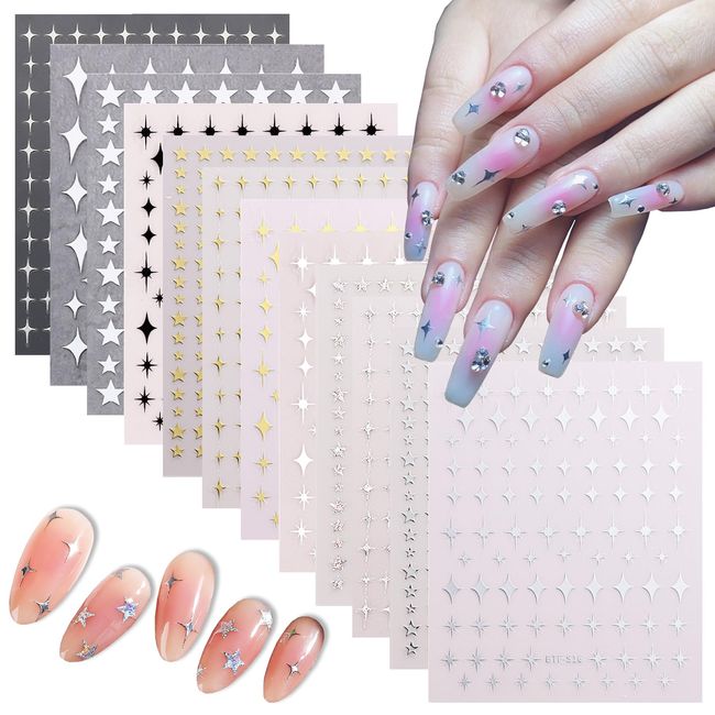 Eseres 12 Sheets Star Nail Stickers Self-Adhesive Metallic Star Nail Decals Shinning Stars for Nail Art Designs Holographic Nail Supplies Decoration for Women Girls