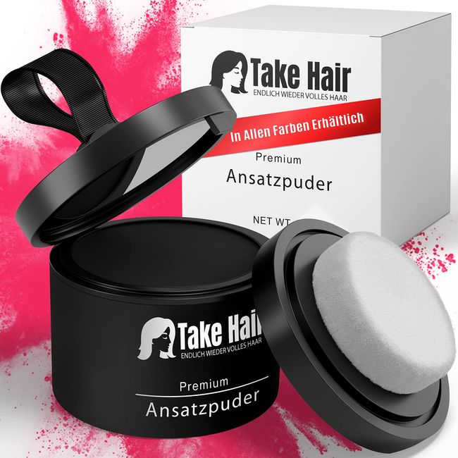 Take Hair Ansatzpuder Frauen I 100% Wasserfest inkl. Spiegel und Schwamm I 4g Haarpuder I Haarverdichtung Haarverdicker Ansatzspray I Ansatzpuder für graue Haare abdecken (Ansatzpuder Schwarz)