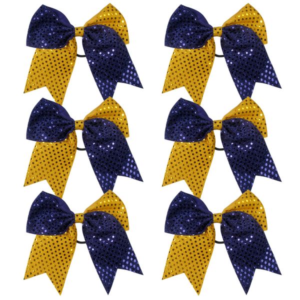 8 Inch 2 Color Cheer Bows Cheerleader Ponytail Holder with Bling Fling Sequin Hair Tie Cheerleading Bows 6 Pcs (Navy Blue/Gold)