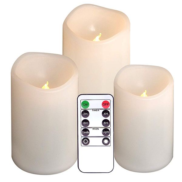 DRomance Outdoor Flameless Flickering Candles Waterproof and Heat Resistant, Warm Light Battery Operated LED Pillar Candles with Timer and Remote Set of 3(White, 3" D x 4" 5" 6" H)