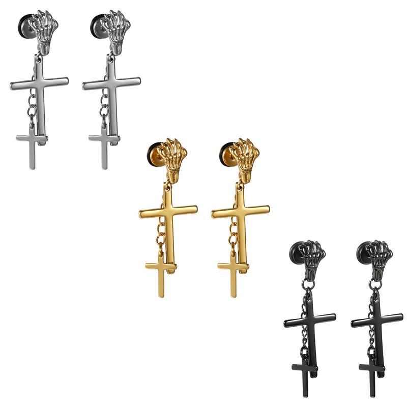 Flongo Oorstekers voor dames en heren, creolen, roestvrij staal, zilver/zwart/goud, ronde kruishanger, voor mannen en vrouwen, Roestvrij staal, Geen