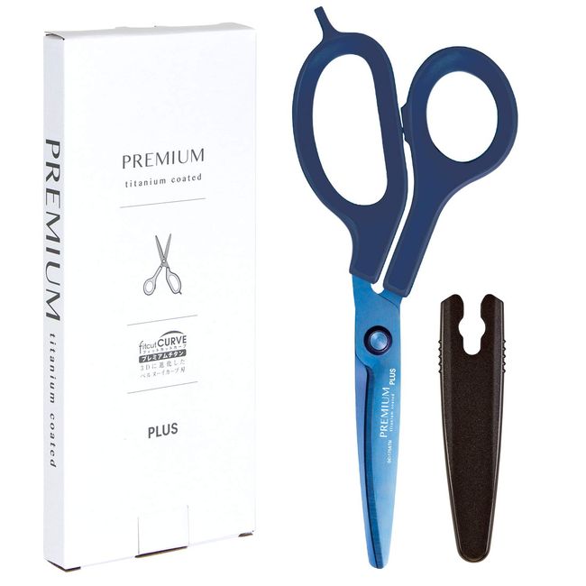 Plus 35-725 Scissors Fit Cut Curve, Premium Titanium, Asymmetrical, Non-sticky, 30°, Continuous Sharping, Paper Box Packaging, Navy