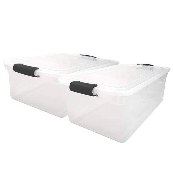HOMZ 64-Quart Clear Plastic Stackable Storage Bin with Lid Container Box with Latching Handles for Home Garage Organization, Clear (2 Pack)