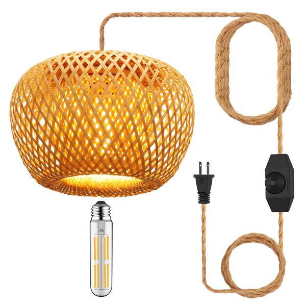 YIIZON Plug in Pendant Light Fixture with Hand Woven Bamboo Lamp Shade Dimmer Switch Hanging Lights with Plug in Cord Boho Wicker Rattan Hanging Lamp for Living Dinning Room Bedroom Kitchen Island