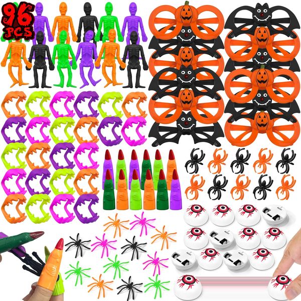 SURCVIO 96 Pack Halloween Party Favors for Kids, Halloween Toys Gifts Buckets with Spider Rings, Vampire Teeth and Spinning Tops for Kids Classroom Rewards, Halloween Party Supplies Trick or Treat