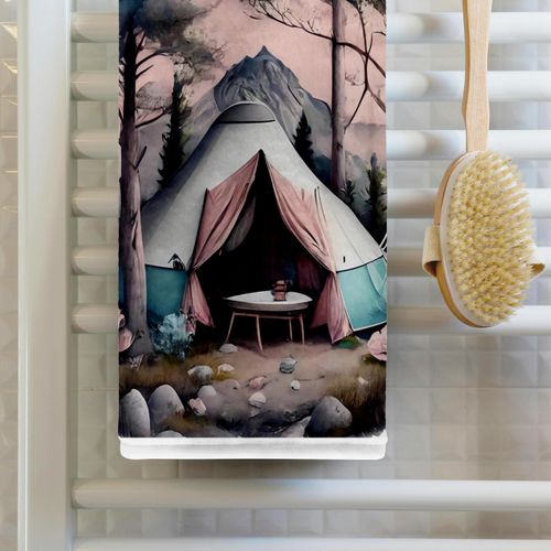 3dRose 15x22 Hand Towel - Tent Camping Scene Illustration Illustrations
