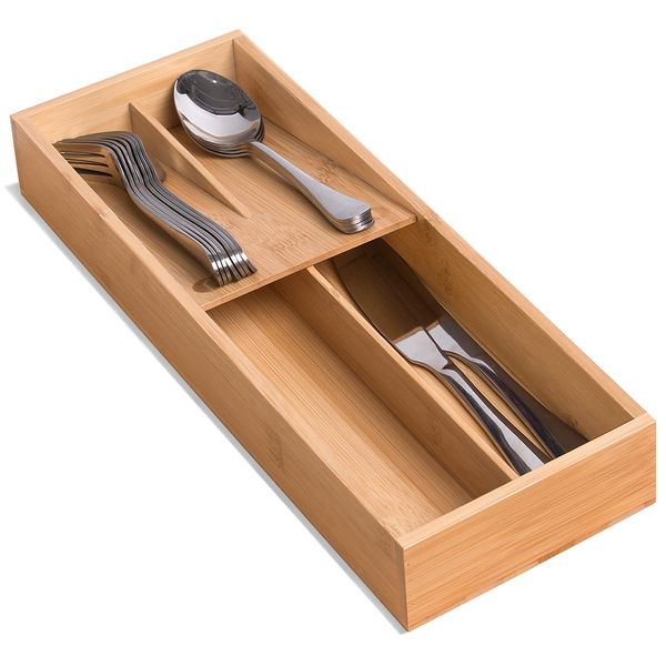 guiogc Bamboo Silverware Drawer Organizer, Kitchen Small Silverware Organizer, Utensil Tray Holder, Cutlery Tray for Spoons, Forks, Knives, Suitable for a family of 2-4