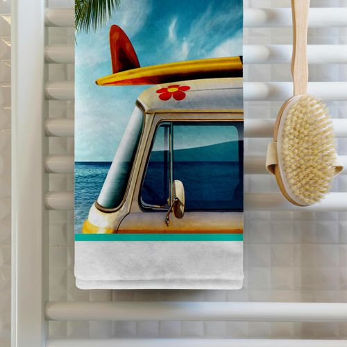 3D Rose Vintage Van with Surfboard Hand/Sports Towel, 15 x 22