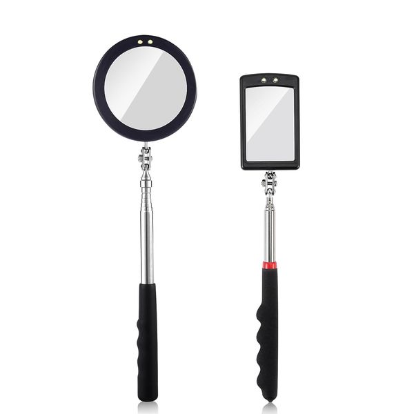 Rechabite 2 Pieces Telescoping Inspection Mirror LED Light Set with Large 3.75" Round Mirror, and 3.3" Square Mirror, Flexible 360 Swivel, for Inspection Viewing, Mechanic Checking, Observation