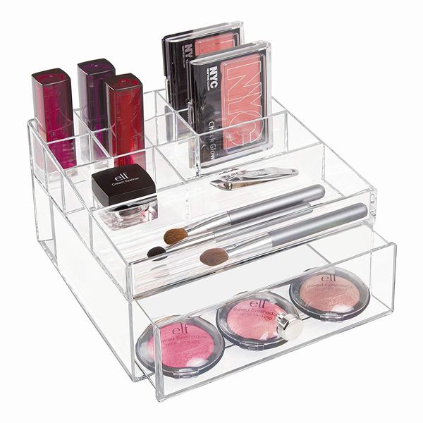 iDesign 37360 Drawers Jewellery and Makeup Organiser, Cosmetics Storage Box with 11 Compartments, Plastic, Clear