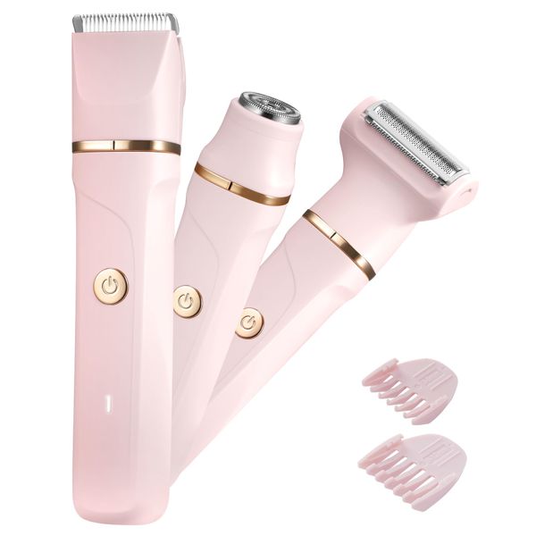 Women's Shaver, 3-in-1 Intimate Shaver for Women, Facial Hair Remover for Women, Women's Shaver Electric for Legs, Arms, Armpits and Bikini Area, Rechargeable IPX7 Waterproof Trimmer Women, Pink