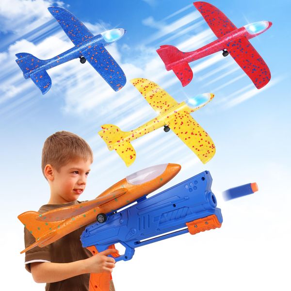 3 Pack Airplane Launcher Toys, LED Foam Glider Catapult Plane Toy for Boys with 2 Flight Modes DIY Stickers Outdoor Sport Flying Toys Birthday Gifts for Girls Boys 4 5 6 7 8 9 10 11 12 Year Old