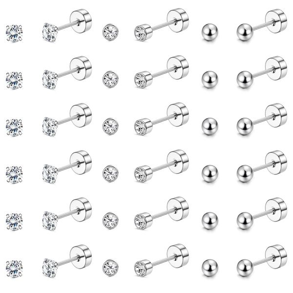 JeweBella 18 Pairs Silver Stud Earrings for Women Men Stainless Steel Small Ball Cubic Zirconia Flat Back Earrings Hypoallergenic Tiny Stud Earrings Set 2mm/3mm/4mm