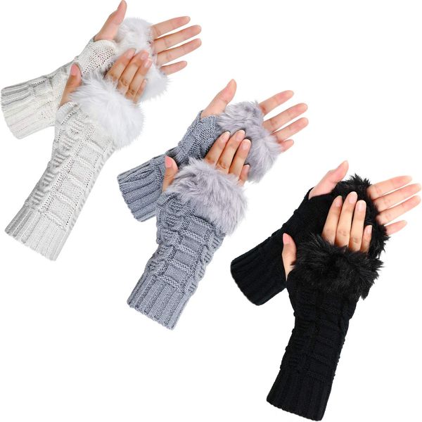 3 Pairs Fingerless Winter Gloves Faux Fur Crochet Warm Middle Length Thumb Hole Fingerless Gloves Arm Warmers (Black, White, Grey)