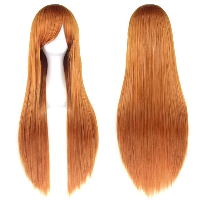 Fouriding 32" Orange Women's Long Straight Full Wigs Costume Synthetic Hair Hairpieces with Oblique Bangs for Halloween Anime Cosplay Party Girl Women +Wig Cap