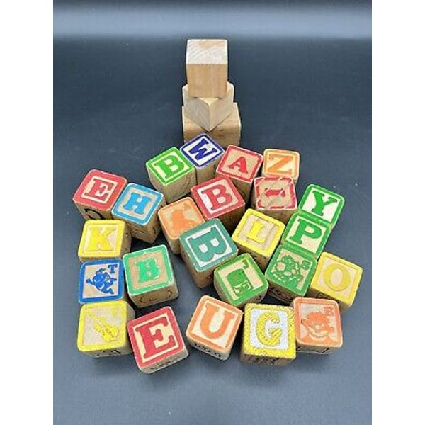 Vintage Wooden Alphabet Blocks Various Sizes Styles Lot Of 24