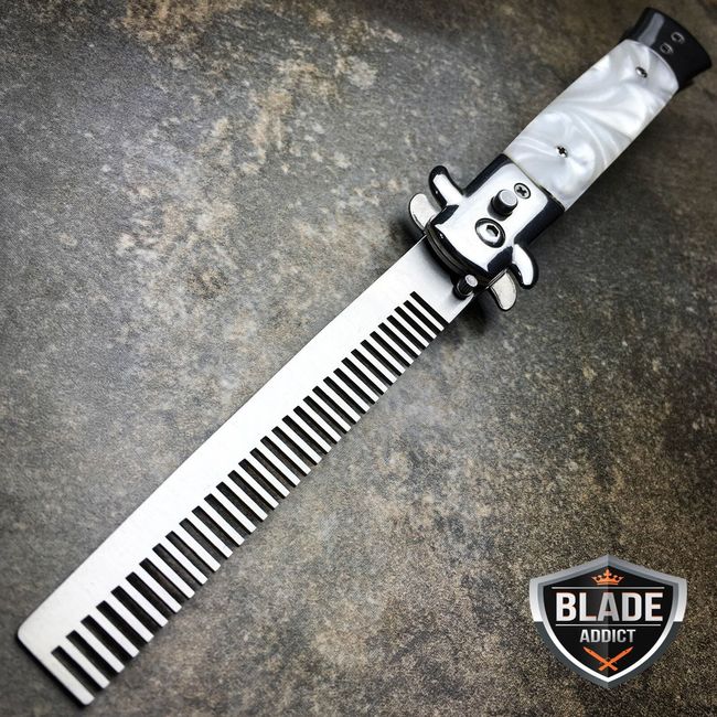 Automatic Push Button Folding Comb Switchblade Knife Looking Brush White Swirl