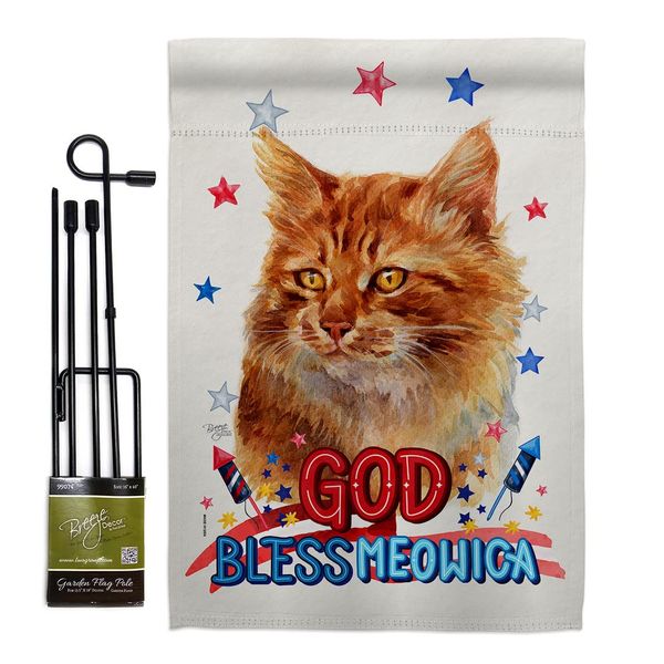 Breeze Decor Patriotic Ginger Garden Flag Set with Stand Cat Kitten Meow Spoiled Paw Fur Pet Nature Farm Animal Creature House Decoration Banner Small Yard Gift Double-Sided, Made in USA