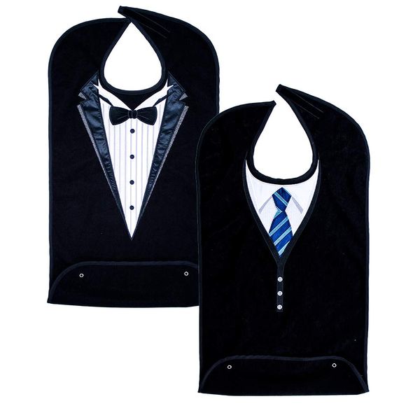 Classy Pal, Adult Bibs for Men, Dress ‘n Dine™ Clothing Protectors for Eating, Senior Adult Bib Terry Cloth Crumb Catcher, Embroidered Design, Waterproof, Reusable, Washable (Blue Tie + Tuxedo)