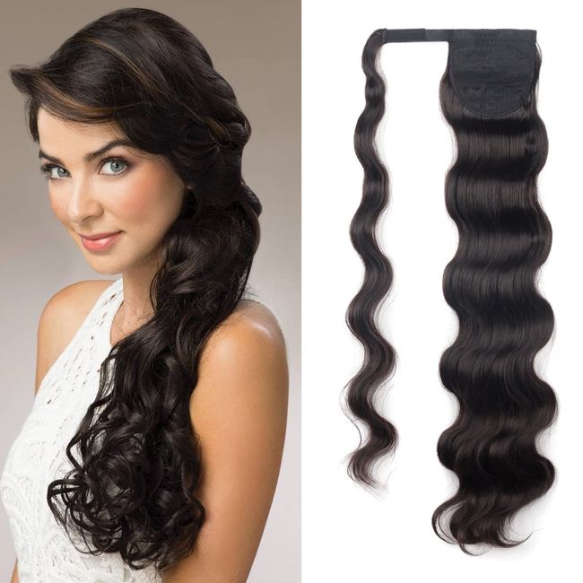 Cybelleza Pferdeschwanz Haarteil Zopf Extensions Clip in Hair Extensions Ponytail Haarverlängerung Kunsthaare Gewellt Synthetik Haar Lang Gewickelt Wave für Frauen 60cm 100g Dunkelbraun