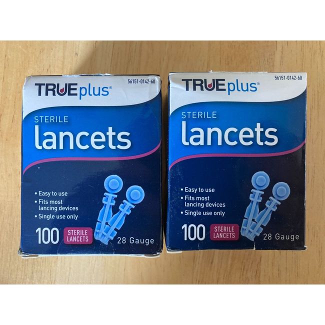 2x LOT TruePlus Sterile Lancets 28 Gauge 100 Lancets 200 Total Exp 08/2026