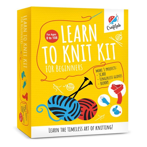 CraftLab Knitting Kit for Beginners, Kids and Adults Includes All Knitting Supplies: Wool Yarn, Knitting Needles, Yarn Needle and Instructions – Fantastic Gift