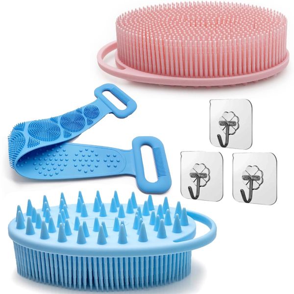 2 x Silicone Body Brush with Back Exfoliating Scrubber Belt and Wall Hooks - Bundle | Superior Hygiene | Better Than Traditional Loofah | Gentle Exfoliation for Sensitive Skin Men Women Kids (6Pc)