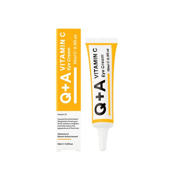 Q+A Vitamin C Eye Cream, a blend of Vitamin C, Cherry Extract, and Glycogen, to reinvigorate delicate skin, delivering an essential hit of moisture and antioxidants, 15ml