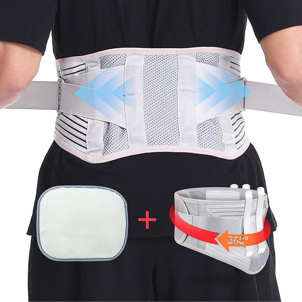 Aollaa Lumbar Corset, Lumbar Supporter, Thin 3D Structure, Made of Soft Padding, Waist Supporter, Waist Belt, 4 Strand, 2 Auxiliary Belts, Mesh Ventilation, Good Fit, Strong Pressure, For Men and