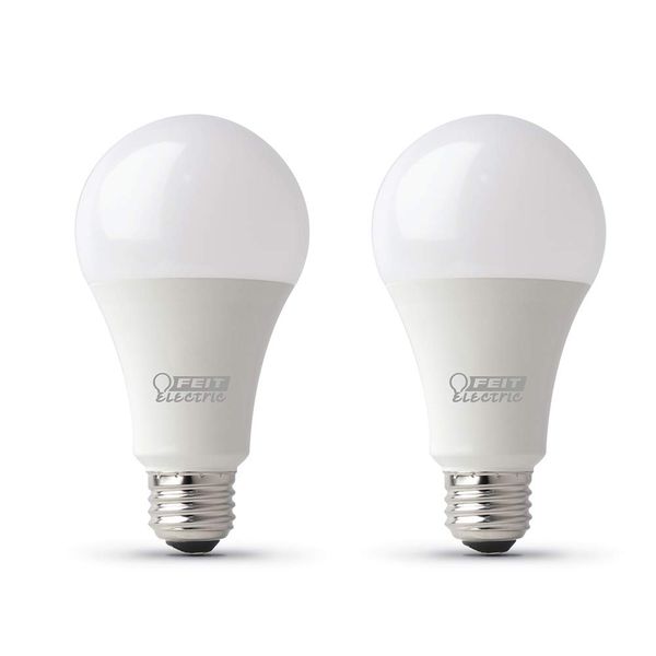 Feit Electric A19 100W Equivalent LED Light Bulbs, Dimmable, 3000k Bright White, 1600 Lumens, 22 Year Lifetime, E26 Base, CRI 90, UL Listed, Damp Rated, 2 Pack, OM100DM/930CA/2