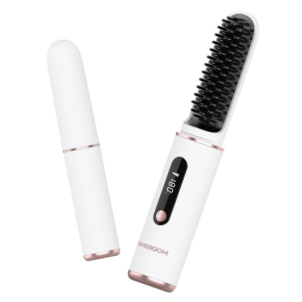 MAXGROOM Cordless Hair Straightener Brush, Portable Hair Straightening Brush for Travel, Hot Ionic Straightener Comb for Women, USB-C Rechargeable, Anti-Scald, LED Display & Fast Heating