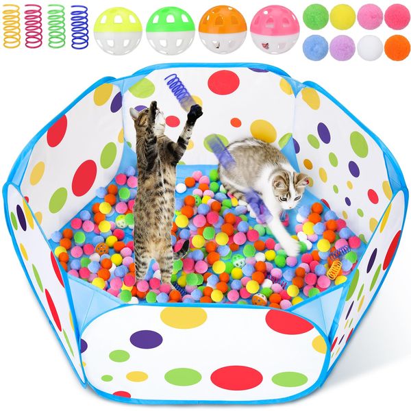 Palksky Cat Ball Pit with 210PCS Cat Toy Balls and 4PCS Cat Spring Toy, Interactive Cat Toys for Bored Indoor Cats Self Play, Cat Enrichment Toy for Interactive Fun and Exercise