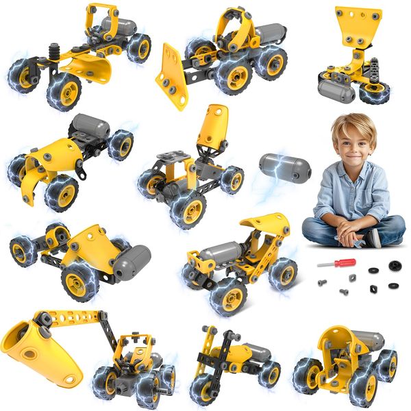 Pakoo 10 in 1 Kids STEM Building Toys, Electric Building Blocks Toys Set for 5 6 7 8+ Year Old Boy, Educational STEM Learning Construction Excavator Kit for Kids Age 4-8 5-7 6-8 8-10