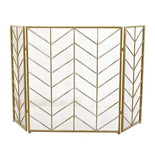 Metal Geometric Foldable Mesh Netting 3 Panel Fireplace Screen With Chevron Patt