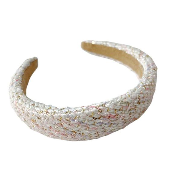 White Fashion Tweed Plaid Headbands Hairband Women Gold Thread Sequin Decoration Sponge Wide Head Hoop