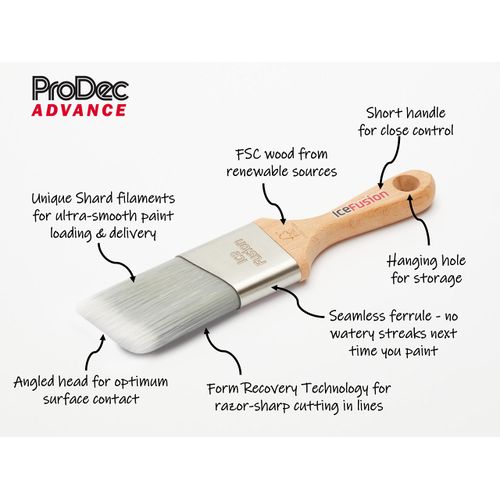 ProDec Advance ABPT073 Ice Fusion Woodworker Angled Short Handle Trade Professional Synthetic Paint Brush for Painting with Emulsion, Gloss and Satin Paints on Walls, Wood and Metal, 2" 50mm, Beige