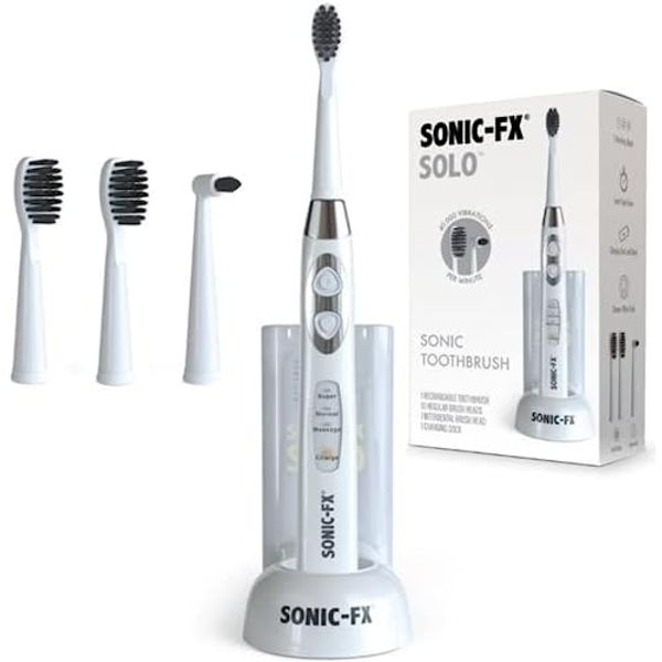 Sonic-FX Solo Sonic 3 Brushing Modes Toothbrush with Smart Timer, Rechargeable Charging Dock | Electric 1 Interdental and 2 Tooth Brush Heads Toothbrush Includes Replacement of Heads, White