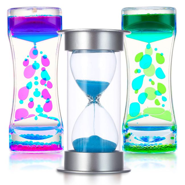 Liquid Motion and Sand Timers 3 Pcs Bundle, Fidget Sensory Toys, Calm Down and OT Tool Kit for Kids and Adults with Autism, ADD, and ADHD, Plastic and Glass Lava Lamp Bubble and Original Hourglass Set