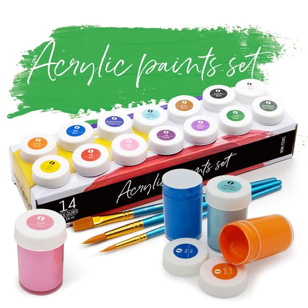 int!rend Acrylic Paint Set + Brushes - 14 Acrylic Craft Paints x 18ml for Children & Adults - Waterproof Colours for Painting Canvas, Wood, Clay & Paper