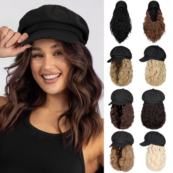 Lansigreen Newsboy Cap with Hair Extensions Short Curly Wavy Bob Hairstyle Wig Hat Beret 8 Panel Attached 14" Synthetic Hairpiece for Women Medium Brown