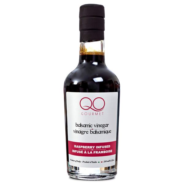 QO Gourmet Thick Flavored Aged Dense Balsamic Vinegar of Modena | High Density RASPBERRY Infused Italian Vinegar | 250ml/8.45 fl.oz. | All Natural | Produced & Bottled in Modena, Italy