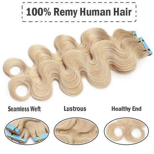 Hairro 18 Inch Tape in Hair Extensions Wavy Remy Human Hair 40pcs 100g #60 Platinum Blonde Body Wave Seamless Skin Weft Glue in Human Hairpieces with Invisible Double Sided Tape