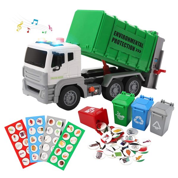 12" Garbage Truck Toys Trash Truck Recycle Truck with Sound and Light, Friction Powered Truck with 4 Garbage Cans, Push and Go Pull Back Car, Environmental Education Toys, Birthday Gift for Boys