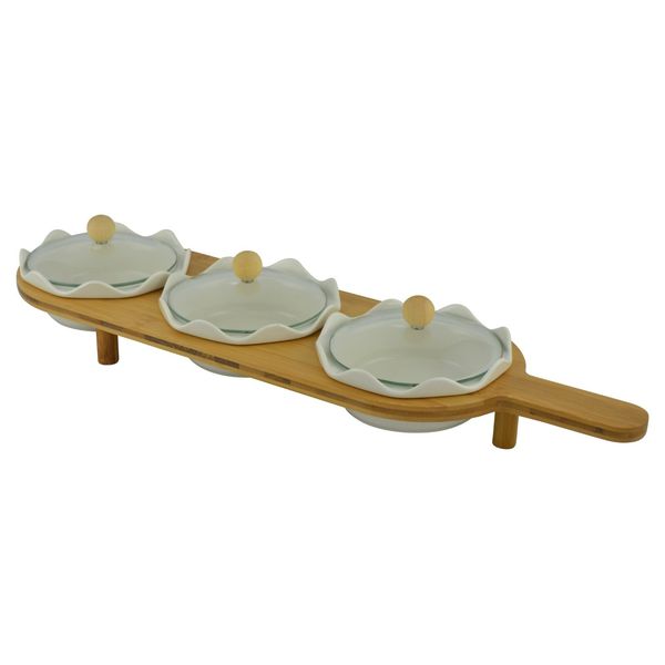 Whiteware Ceramic 3 Piece Serving Bowls with Top Set on Bamboo Serving Board