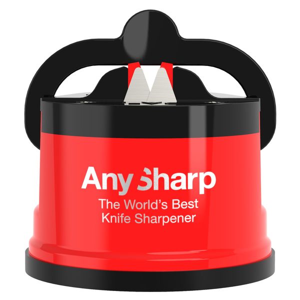 AnySharp Knife Sharpener | Hands-Free Safety, PowerGrip Suction | Safely Sharpens All Kitchen Knives | Ideal for Hardened Steel & Serrated | World's Best | Compact, One Size | Red