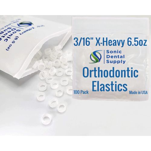 3/16 Inch Orthodontic Elastic Rubber Bands - 100 Pack - Clear Latex Free, X- Heavy 6.5 Ounce Small Rubberbands, Braces, Dreadlocks Hair Braids, Teeth Gap, Packaging, Crafts - Sonic Dental -Made in USA